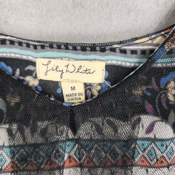 Lily White Blouse Womens M Multicolor Bohemian Chiffon/Lace Combo Strappy V-Neck - Picture 2 of 6